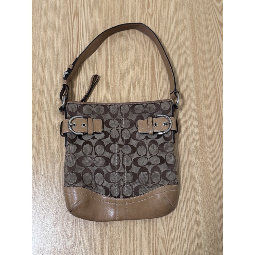 Vintage Coach Signature Jacquard & Leather Hobo Shoulder Bag  Brown